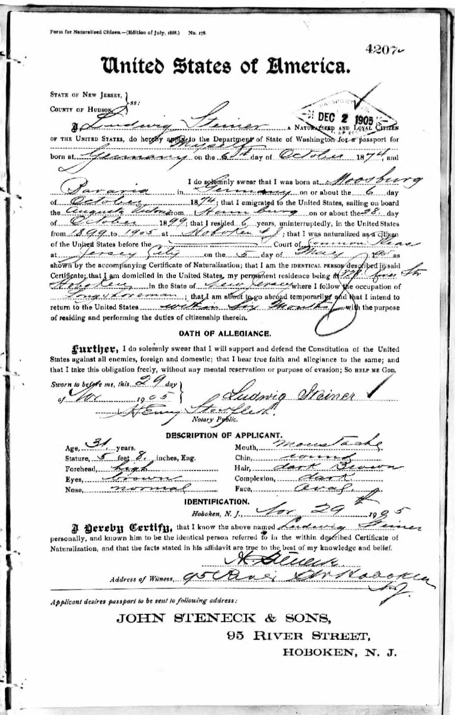 Ludwig Steiner Passport Application